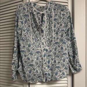 Talbots Blue and White 3/4 Sleeve Blouse with Mandarin Collar